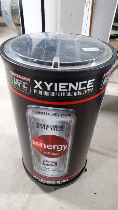 lot 331 image: Energy drink ice cooler w lid on wheels.