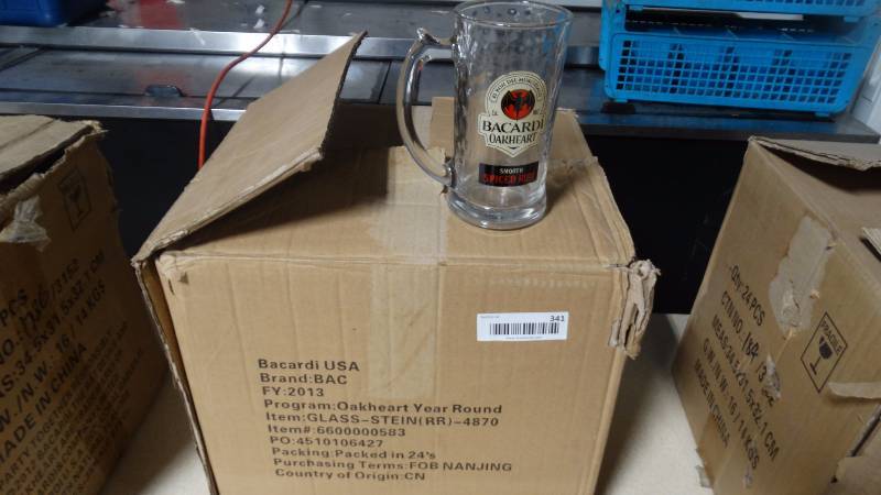 lot 341 image: Case of 24 Bacardi Oakheart glass beer steins