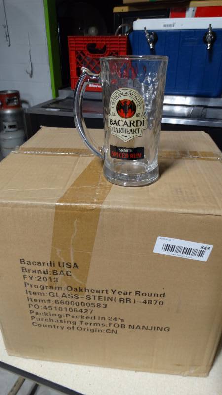lot 343 image: Case of 24 Bacardi Oakheart glass beer steins