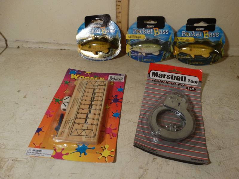 lot 116 image: 3- New Pocket Bass, Handcuffs, Wooden Game.
