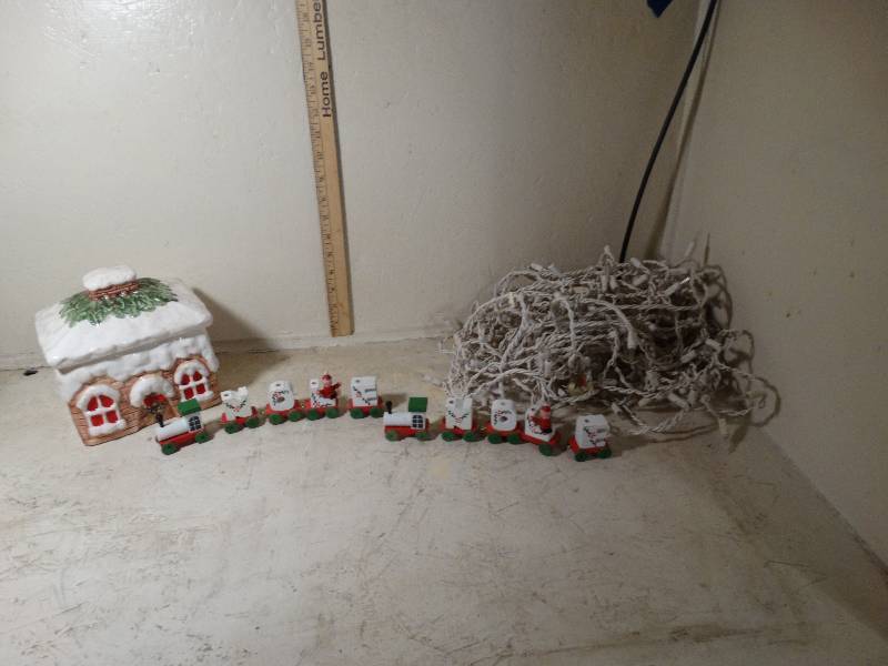 lot 140 image: 2- Noel wooden trains and lights set and cookie jar.