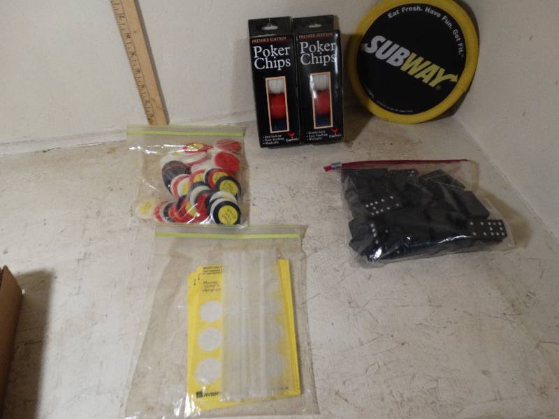 lot 162 image: Poker chips, dominos, 2 boxes new poker chips.