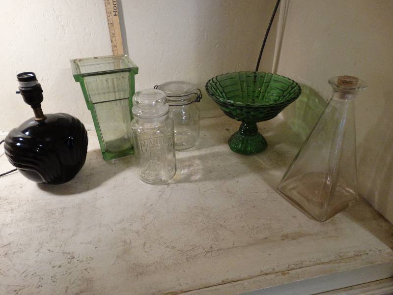 lot 177 image: Asst. glass jars, vases, lamp 7 planter, jar w lid.