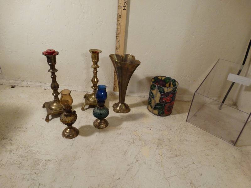 lot 201 image: Brass candle holders and vase  2 little lanterns.