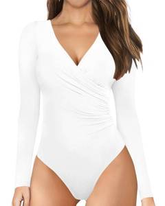 lot 20355 image: MANGOPOP Womens Cross Wrap Ruched Plunge Neck Deep V Long Sleeve Short Sleeve Bodysuits M