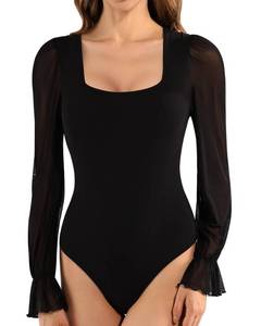 lot 20357 image: MANGOPOP Long Sleeve Bodysuit for Women Square Neck & Mesh Ruffle Sleeves Casual Blouse Tops (Black, X-Large)