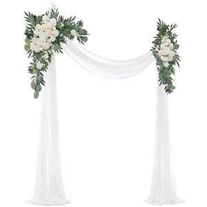 lot 20362 image: Floroom Arch Flowers with Drapes Kit (Pack of 4) - 2pcs Artificial Ivory & White Floral Swag Arrangement with 2pcs Draping Fabric for Wedding Ceremony Arbor and Reception Backdrop Decoration