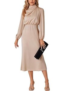lot 20363 image: LYANER Womens Satin Long Sleeve Elastic High Waist Ruched Solid Midi Dress Beige Small