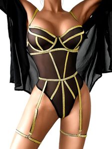 lot 20364 image: Kaei&Shi Bodysuit Bodysuits Body Suit Suits Lingerie For Women Womens One Piece 1 Set Club Clubbing Clubwear Rave Outfit Party Festival Mesh Corset Strappy Teddy Exotic Sexy Golden Black Gold Medium