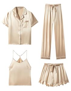 lot 20369 image: SAPJON Silk Pajamas for Women Set 4Pcs Ruffled Satin Pajamas Set Button Down Short Sleeve Cami Shorts Sleepwear Pj Set Champagne