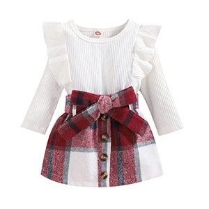 lot 20373 image: Noubeau Toddler Baby Girls Plaid Outfits Knit Ribbed Sweatshirt Shirt Tops Red Plaid Belt Skirt Fall Winter Clothes (White, 9-12 Months)