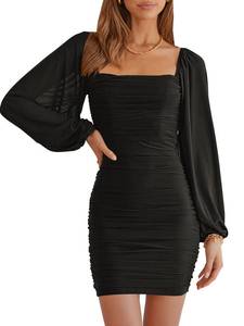 lot 20378 image: ANRABESS Long Sleeve Dress for Women 2024 Spring Square Neck Mesh Ruched Sexy Elegant Bodycon Party Date Nigh Out Club Cocktail Mini Short Dress 642heise-S Black