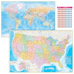 lot 20384 image: NOWMAP AquaShield Double-Sided World and USA Map Waterproof Tow Wall Map Set 24x36 - Folded Edition with (Pin Stickers)