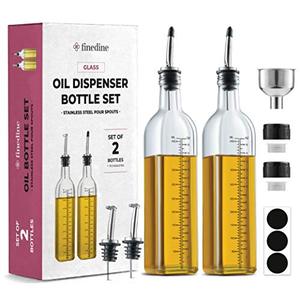 lot 20385 image: Superior Olive Oil Dispenser Set - Slim Design Oil and Vinegar Dispenser - Funnel For Easy Refill - Oil Dispenser Bottle For Kitchen With 4 Pouring Spouts and Labels - Glass Oil Bottle Set