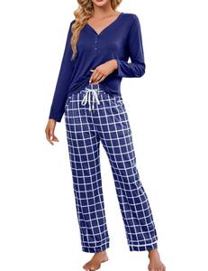 lot 20399 image: Blooming Jelly Womens Cute Pajama Set Plaid Long Sleeve Pajamas Pockets Pajamas Pj Set 2023 (X-Large, Blue)