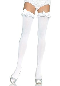 lot 20437 image: Leg Avenue Womens Satin Ruffle Trim and Bow Thigh Highs, White, One Size
