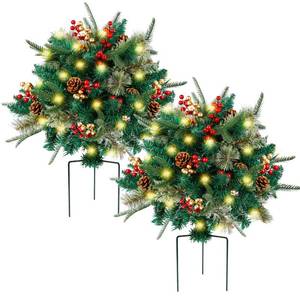 lot 20447 image: Glintoper Lighted Artificial Christmas Urn Filler, Pre-lit Xmas Pine Trees with Cones, Golden & Red Berries, Tripod Stake and 60 LED Lights, Outdoor Light Up Planter Filler Holiday Home Decor, 2 Pack