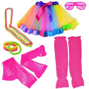 lot 20480 image: Miayon 6 in 1 80s Costume Accessories for Kids 1980s Fancy Outfits and Tutu Set for 80s Retro Theme Cosplay Party for Girl(Rainbow)