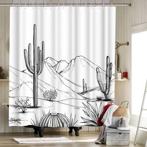lot 20491 image: RnnJoile Western Shower Curtain Aztec Cactus Desert Bath Curtain Black White Bathroom Decor with Hooks Waterproof Fabric 7272