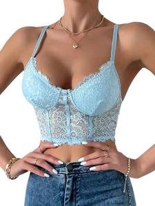 lot 20494 image: Lilosy Petite Sexy Wirefree Lingerie Floral Lace Crop Cami Tank Top Women Sheer Longline Bralette Night Out Party Bra Light Blue Small