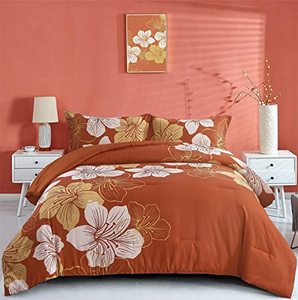 lot 20496 image: Menghomeus Burnt Orange Comforter Set Queen - Orange Floral Comforter Terracotta Botanical Bedding Sets, Soft Boho Bed Comforter Set for All Season (1 Comforter, 2 Pillowcases)