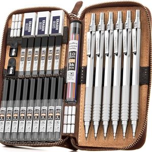 lot 20504 image: Nicpro 30PCS Art Mechanical Pencils Set in Leather Case, Metal Drafting Pencil 0.5, 0.7, 0.9 mm, 2mm Lead Holders for Sketching Drawing With 16 Tube (6B 4B 2B HB 2H 4H Colors) Refills Silver
