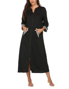 lot 20516 image: Ekouaer Women Zipper Robe 34 Sleeves Loungewear Full Length Sleepwear Pockets Housecoat Long Soft Bathrobe (Style 1-black, XL)