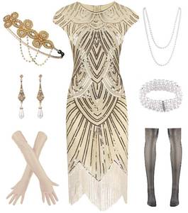 lot 20522 image: WILDPARTY 1920s Women Flapper Dresses Gatsby Sequin Dresses Vintage Lace Fringed Cocktail Dress with 20s Accessories Set(Apricot-L)