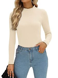 lot 20532 image: PINKMSTYLE Long Sleeve Bodysuit for Women Ribbed Slim Fit Ruffle Mock Neck Tops One Piece Jumpsuits Cream Small