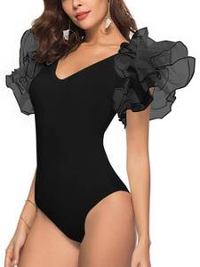 lot 20538 image: LYANER Women�s Layer Ruffle Butterfly Sleeve V Neck Stretchy Party Skinny Bodysuit Romper Leotard Pure Black Medium