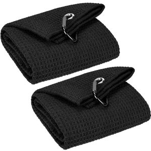 lot 20540 image: VIVIDLY 2 Pack 16 x 24 Tri-fold Golf Towels, Premium Microfiber Fabric Waffle Pattern with Black Heavy Duty Carabiner Clip, Black Golf Towels for Golf Bags for Men (Black)