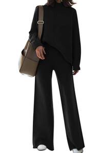 lot 20543 image: Fixmatti Women Two Pc Knit Sweatsuit High Neck Sweater Jumper Matching Wide Leg Long Pant Loungewear Black XL