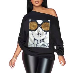 lot 20926 image: PESION Women Black Off Shoulder Sweatshirt Slouchy Pullover Tops Casual Shiny Blouse Shirts, Black Gold Glasses, Large
