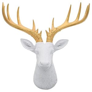 lot 20932 image: Top Brass 12 12 Faux White Deer HeadGolden Antlers Wall Decor - Modern Minimalism Taxidermy Art Sculpture - Ceryneian Hind