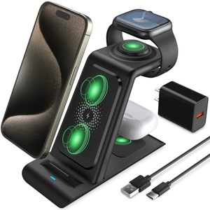 lot 20933 image: HATALKIN 3 in 1 Wireless Charging Station Compatible for Apple Products Multiple Devices Charger for Apple Watch Ultra 9 8 7 SE 6 5 4 AirPods Pro iPhone 15 14 13 12 11 Pro MaxXXS Fast Charger Stand