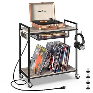 lot 20938 image: Record Player Stand, Turntable Stand with Charging Station, 3 Tier Record Player Table with 4 Quick-Release Divider, Vinyl Record Stand Storage with 4 Wheels, for Bedroom Living Room and Office, Gray