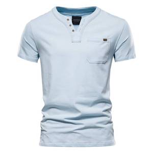 lot 20944 image: Mens Casual T-Shirt V Neck Henley Shirt Short Sleeve Tops Cotton Chest Pocket(Light Blue, XL)