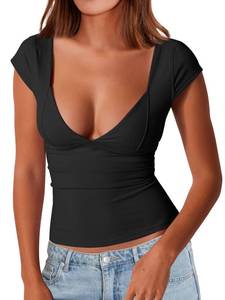 lot 20946 image: Trendy Queen Womens Going Out Tops Sexy Backless V Neck Short Sleeve T-Shirts Summer Outfits 2024 Basic Cute Crop Tops Bustier Corset Cami Y2K Clothes Black