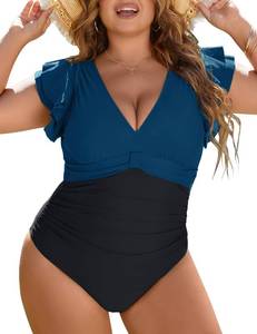 lot 20954 image: Blooming Jelly Womens Tummy Control Swimsuit One Piece Full Coverage Plus Size Bathing Suit Modest Long Torso Ruffle Swimwear (Blue and Black,3X-Large)