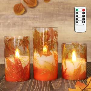 lot 20984 image: Crystal Club Flameless Candles, Autumn Maple Leaves LED Flickering Candles with Remote and Timer, Battery Operated Fall Glass Effect Pillar Candles for Fall Home Dcor