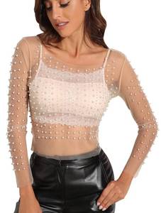 lot 20991 image: Modegal Womens Pearl Rhinestone See Through Long Sleeve Mesh Blouse One Piece Cover Up Halloween Festival Crop Top (Skin Color, 8)