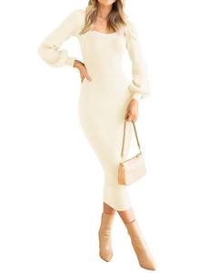 lot 20997 image: ZESICA Womens 2024 Spring Sweater Dress Square Neck Puff Long Sleeve Slim Fit Bodycon Ribbed Knit Dresss,Ivory,Large