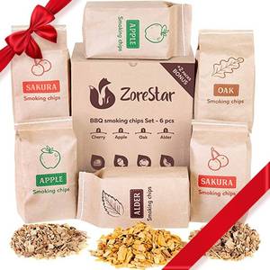 lot 20998 image: Zorestar Wood Chips for Smoker, 6 pcs Variety Pack of 100% Natural Flavored smoking wood chips Alder wood chips, apple wood chips, Cherry wood Chips, and more BBQ smoking chips for smoker