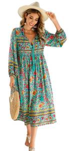 lot 21001 image: R.Vivimos Womens Long Sleeve Floral Print Retro V Neck Tassel Bohemian Midi Dresses (Large, Green)