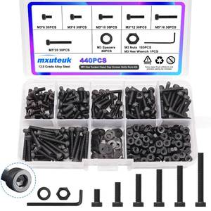 lot 21010 image: mxuteuk M3 Small Metric Screws Suitable for 3D Printer DIY,M3 x 6810121620mm Hex Socket Head Cap Screws Bolts Nuts Kit,12.9 Grade Alloy Steel Black Zinc Plated (440PCS)