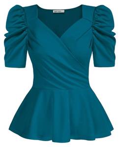 lot 21043 image: Womens Tops Casual Puff Sleeve V Neck Peplum Shirt Ruffle Hem Slim Blouse Top Teal Blue XL