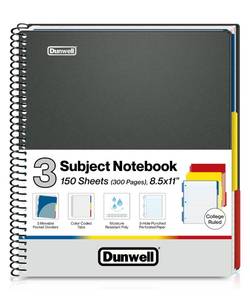 lot 21049 image: Dunwell 3-Subject Notebook College Ruled 8.5 x 11, 150 Sheets (300 Pages), Spiral Notebook 8.5x11 with Tabs, Movable Dividers, Pockets, FrontBack Plastic Covers, Multi Subject Notebook