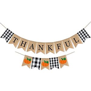 lot 21054 image: SWYOUN Burlap Thankful Banner WIth Buffalo Check Plaid Black and White Thanksgiving Day Supplies Friendsgiving Party Garland Decoration