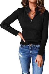 lot 21660 image: PRETTYGARDEN Fall Quarter Zip Pullover Sweaters for Women 2023 Long Sleeve Collared Fitted Ribbed Knit Tops (Black, Medium)