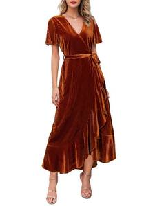 lot 21664 image: Miessial Womens Velvet Maxi Dress Retro Faux Wrap V-Neck Long Evening Dress Cocktail Party Dress Velvet-Brown 10-12
